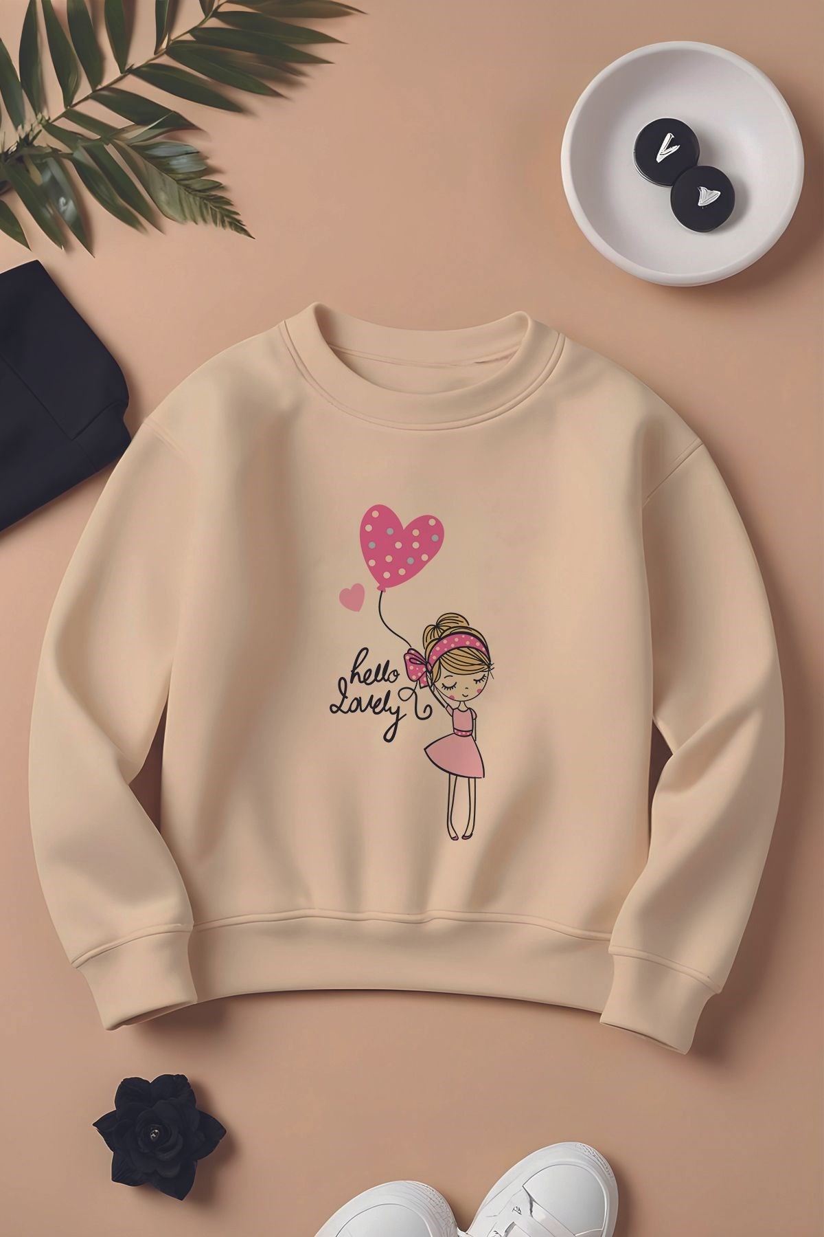 Özel Tasarım Hello Lovely Baskılı Oversize Çocuk Sweatshirt 11220