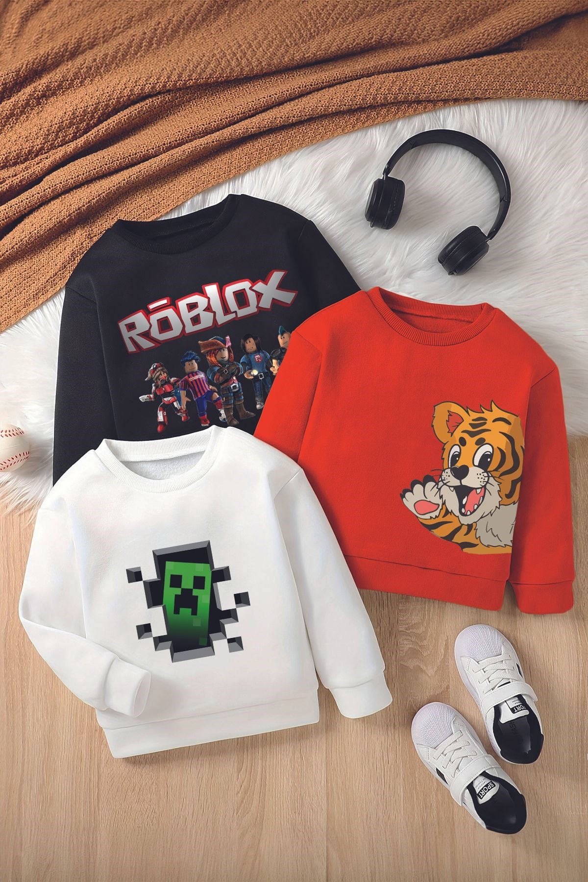 Roblox, Maincraft, Kaplan Baskılı Premium 3'lü Bisiklet Yaka Çocuk Sweatshirt Code12362-20500