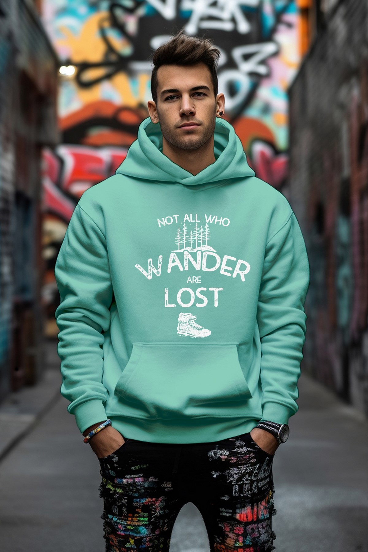 Özel Tasarım Wander Lost Baskılı Rahat Kesim Oversize Sweatshirt