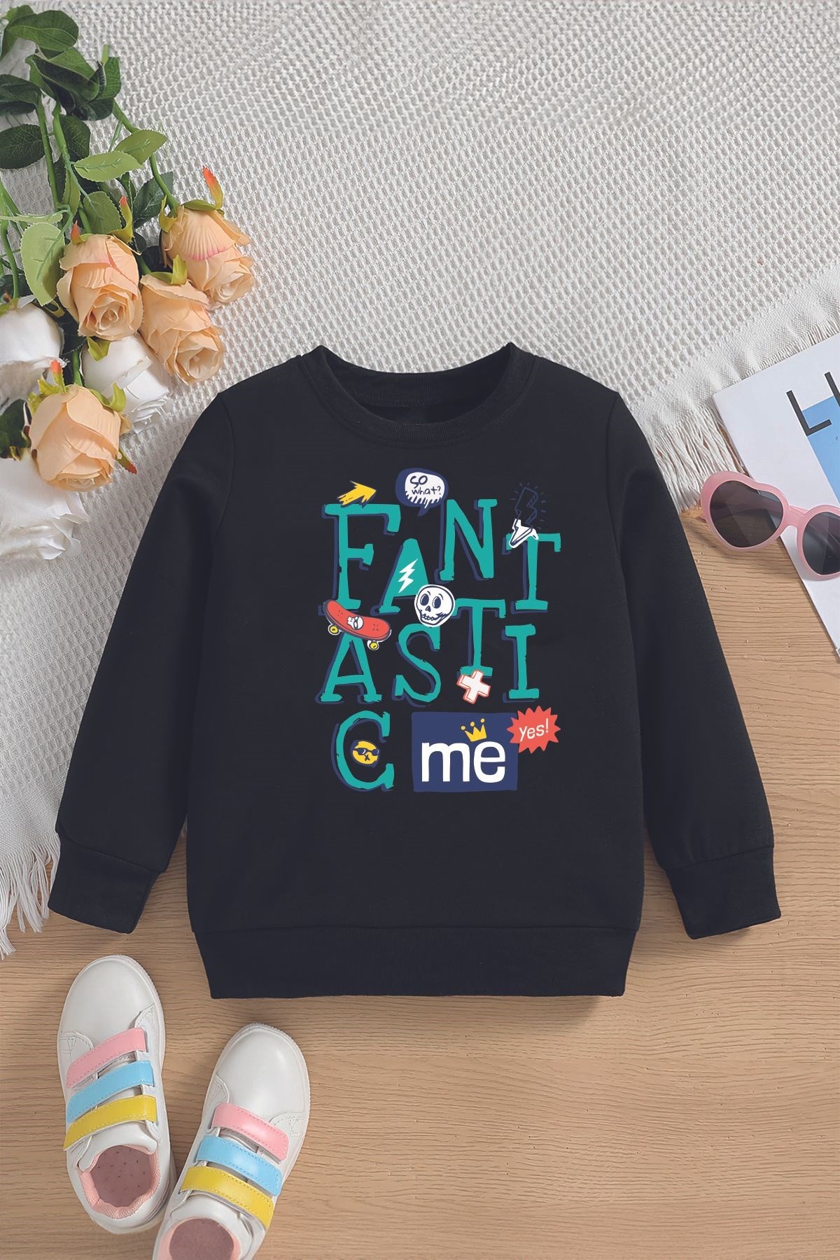 Trend Fantastic Yazılı İskelet Baskılı Oversize Kapüşonlu Çocuk Sweatshirt 14594