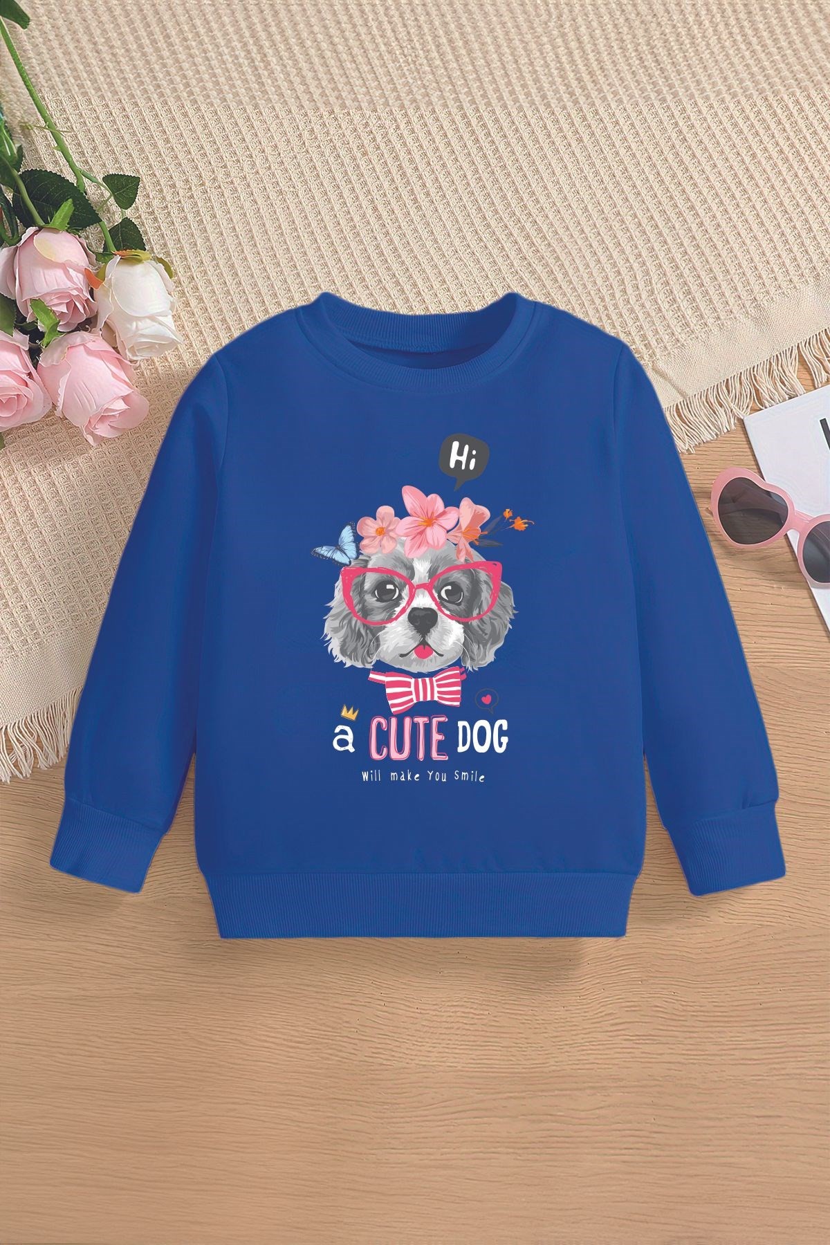 Yeni Sezon Gözlüklü Cute Dog Baskılı Oversize Kapüşonlu Çocuk Sweatshirt 14647