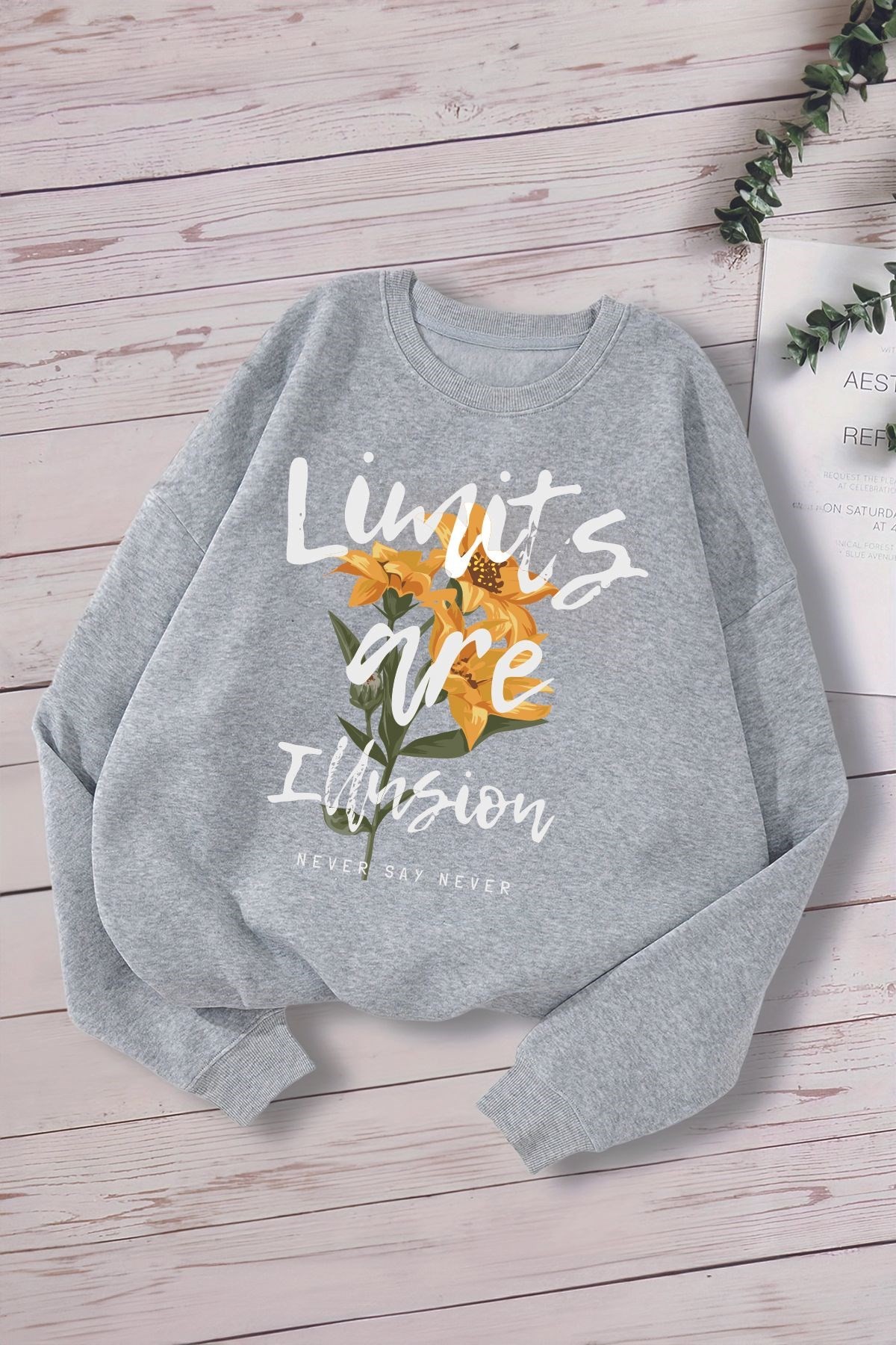 Tarz limits are illusion Yazılı Ayçiçeği Baskılı Oversize Kapüşonlu Çocuk Sweatshirt 14566