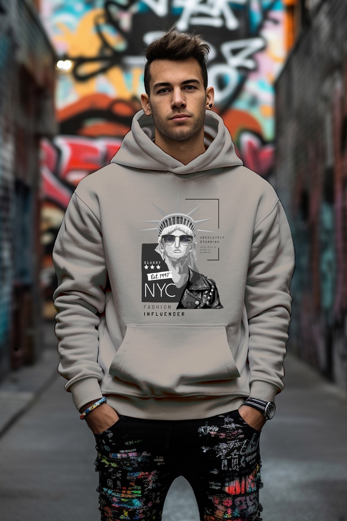 New York Baskılı Tarz Rahat Kesim Oversize Sweatshirt