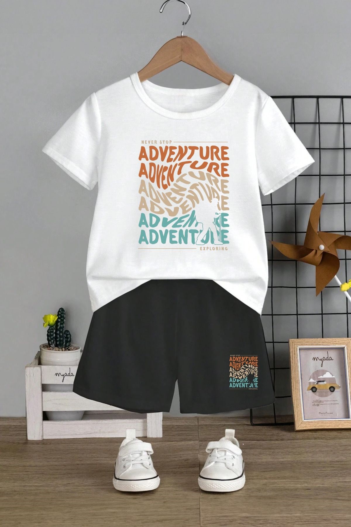 Unisex Çocuk Takım Bisiklet Yaka Lastikli Şortlu Adventure Baskılı 2'li Takım 11134