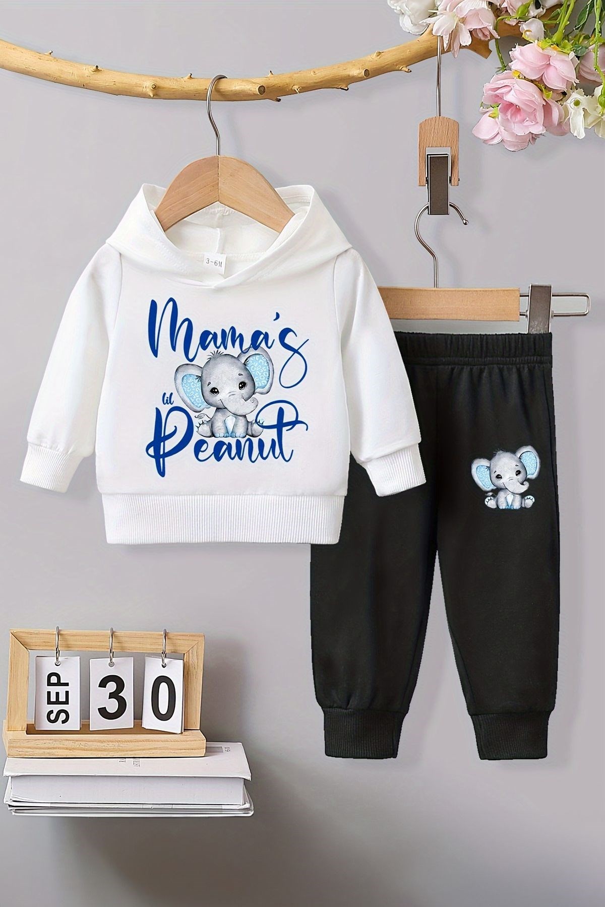 Premium Mamas Elephant Baskılı Kapşonlu Alt Üst Bebek Takım 22579