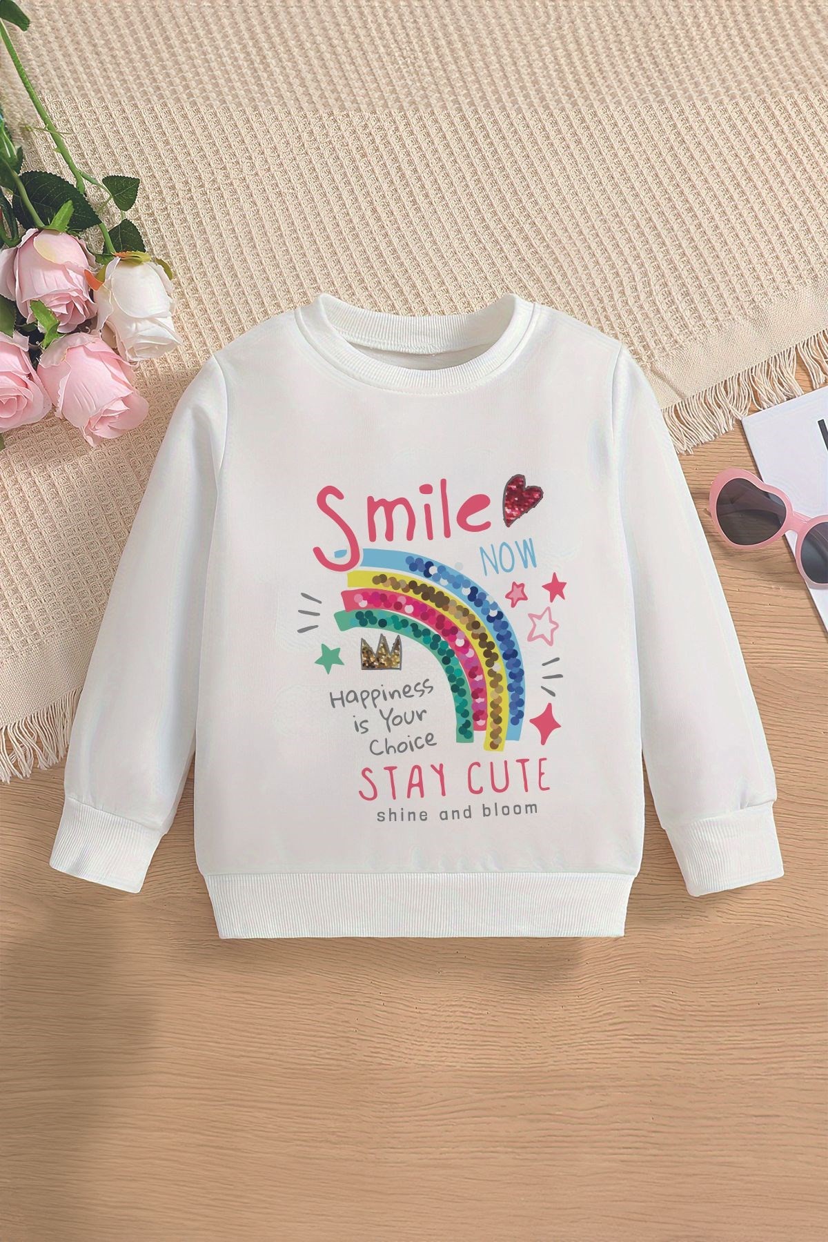 Trend Smile Yazılı Pullu Gökkuşağı Baskılı Oversize Kapüşonlu Çocuk Sweatshirt 14581