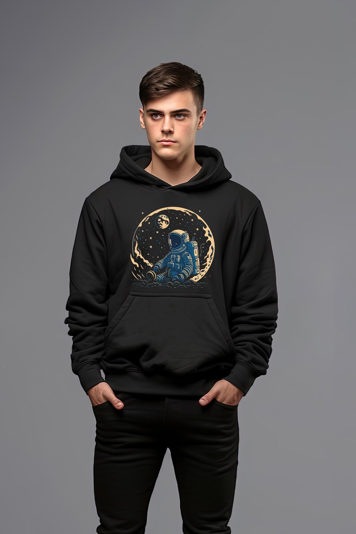 Pamuklu Düşünür Astronot Kapşonlu Erkek Sweatshirt