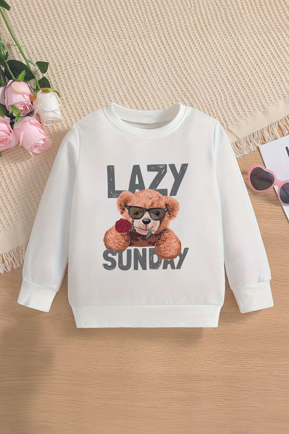 Premium Lazy Sunday Bear Baskılı Oversize Çocuk Sweatshirt 12659