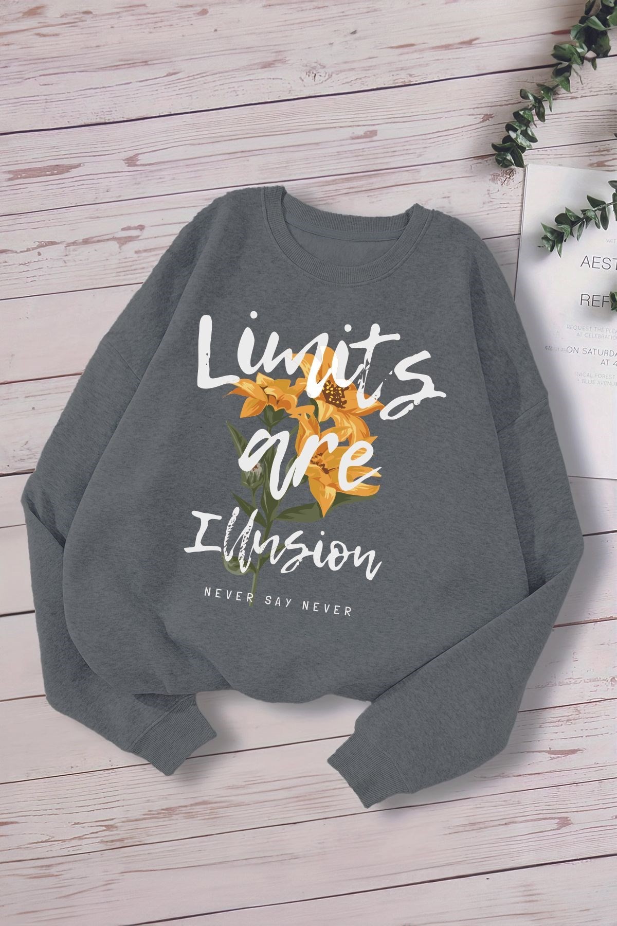 Tarz limits are illusion Yazılı Ayçiçeği Baskılı Oversize Kapüşonlu Çocuk Sweatshirt 14566