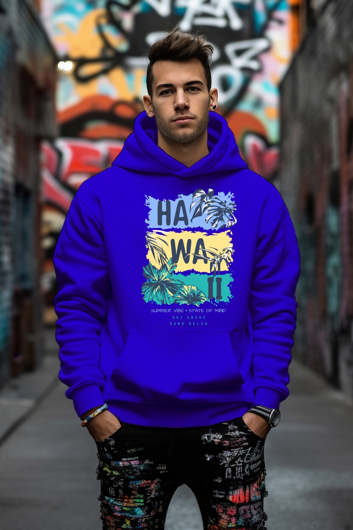 Özel Tasarım Hawai Baskılı Tarz Rahat Kesim Oversize Sweatshirt