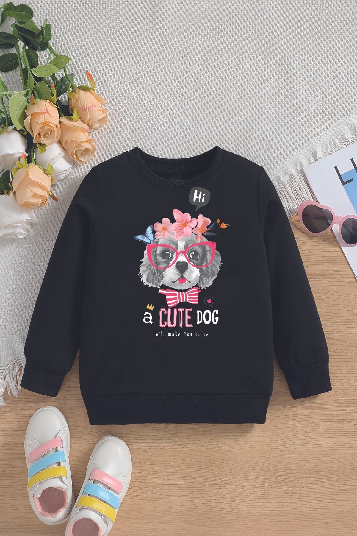 Yeni Sezon Gözlüklü Cute Dog Baskılı Oversize Kapüşonlu Çocuk Sweatshirt 14647