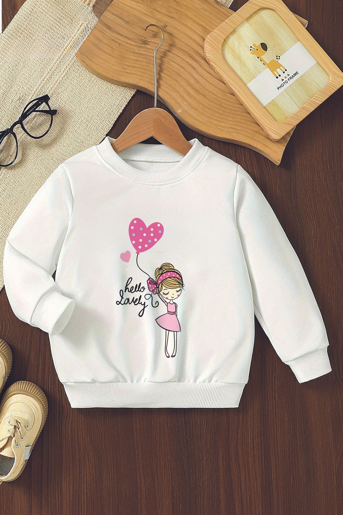 Özel Tasarım Hello Lovely Baskılı Oversize Çocuk Sweatshirt 11220