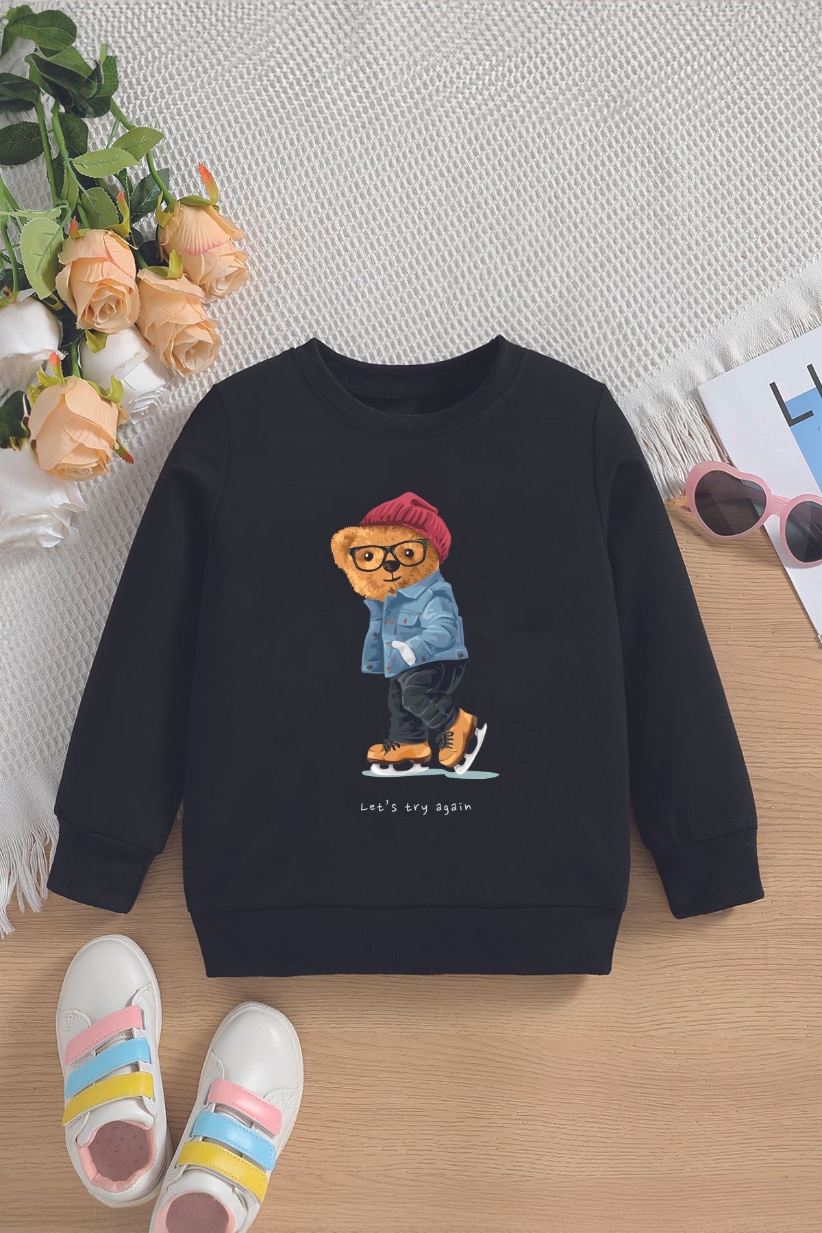 Tarz Premium Paten Kayan Ayıcık Baskılı Oversize Kapüşonlu Çocuk Sweatshirt 14524