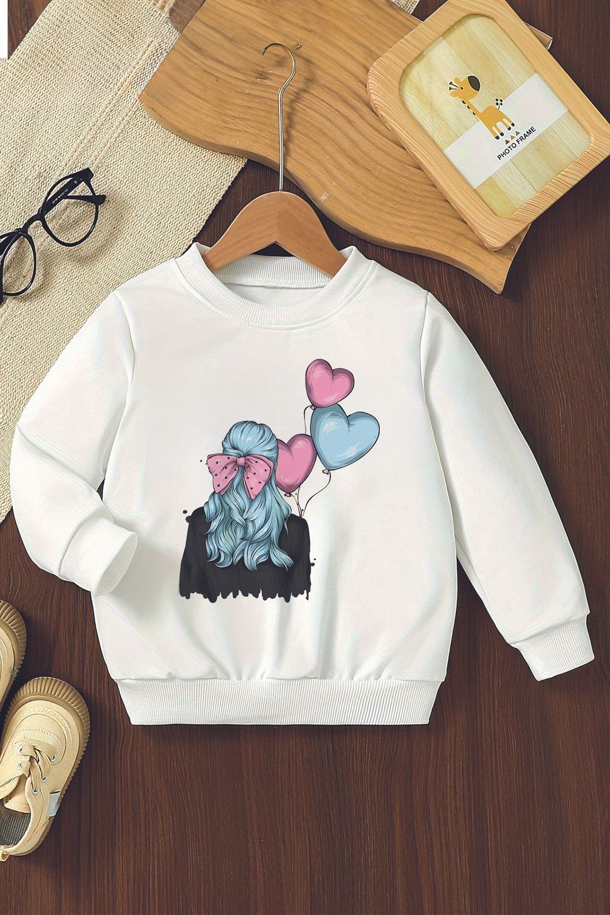 Balon Tutan Güzel Kız Baskılı Oversize Kız Çocuk Sweatshirt 11065