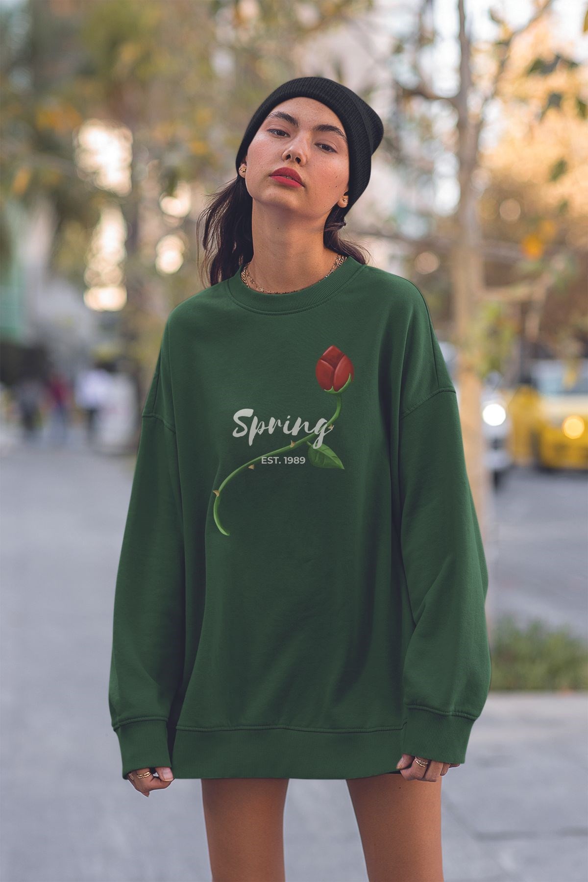 Yeni Sezon Tek Gül Baskılı Baskılı Oversize Sweatshirt 22969