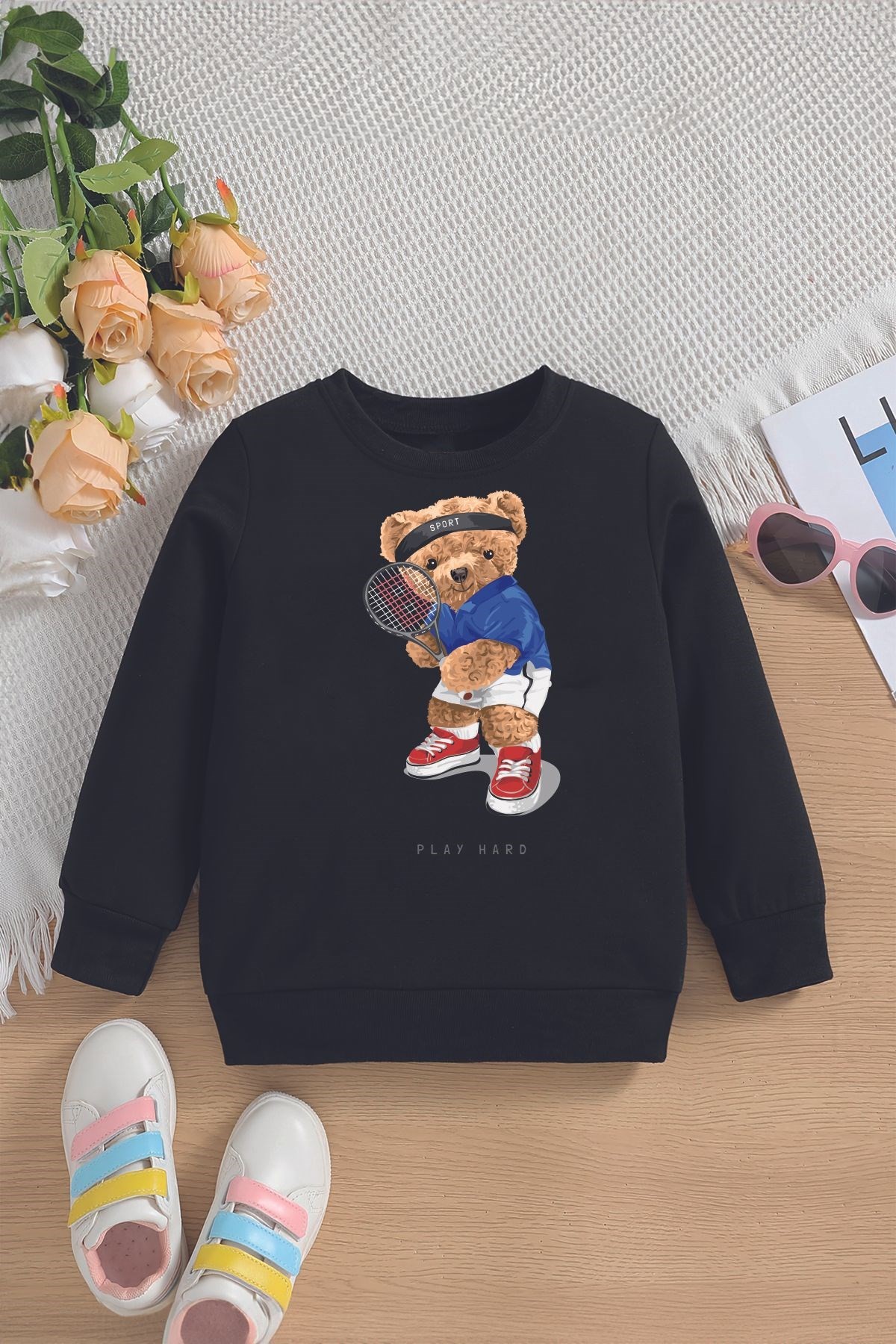 Yeni Sezon Tenis Oyuncusu Ayıcık Baskılı Oversize Kapüşonlu Çocuk Sweatshirt 14611