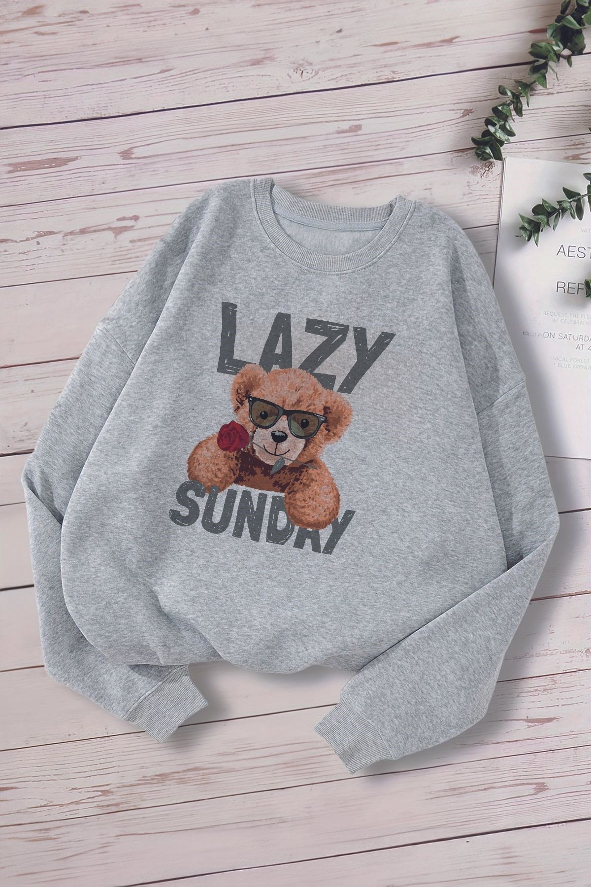 Premium Lazy Sunday Bear Baskılı Oversize Çocuk Sweatshirt 12659