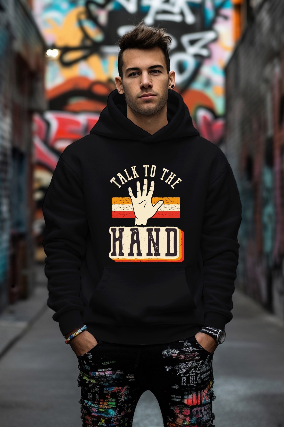 Özel Tasarım Talk To The Hand Baskılı Rahat Kesim Oversize Sweatshirt