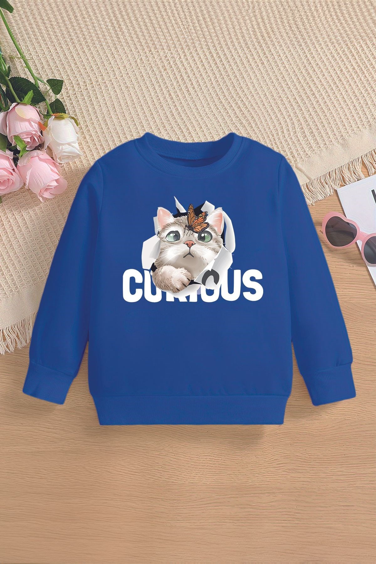 Yeni Sezon Curious Yazılı Kedicik Baskılı Oversize Kapüşonlu Çocuk Sweatshirt 14609