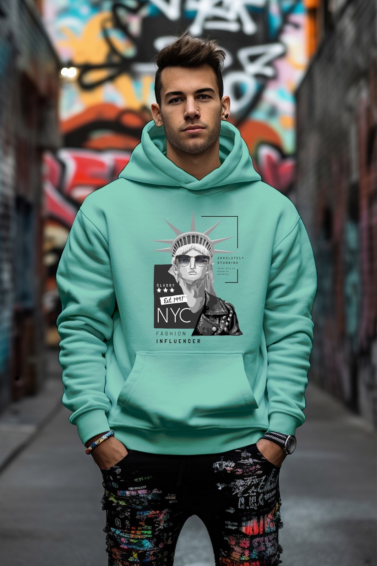 New York Baskılı Tarz Rahat Kesim Oversize Sweatshirt