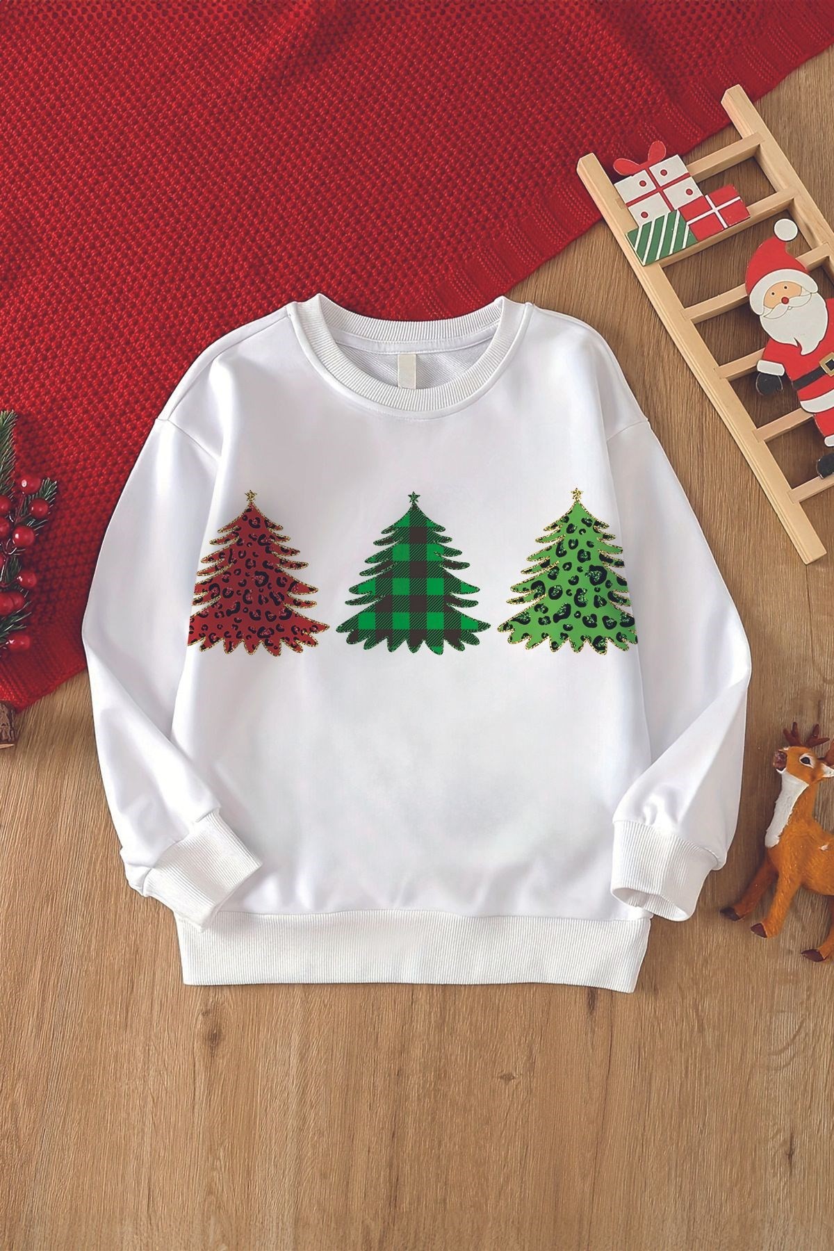 Christmas Renkli Çamlar Baskılı Çocuk Sweatshirt 23190