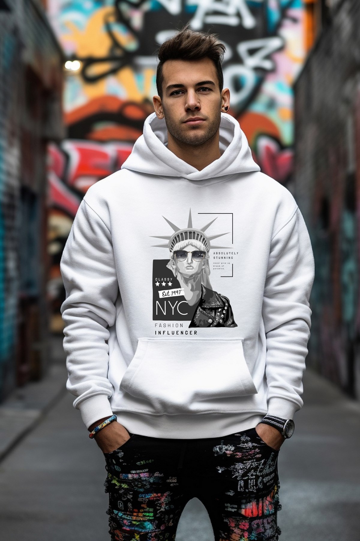 New York Baskılı Tarz Rahat Kesim Oversize Sweatshirt