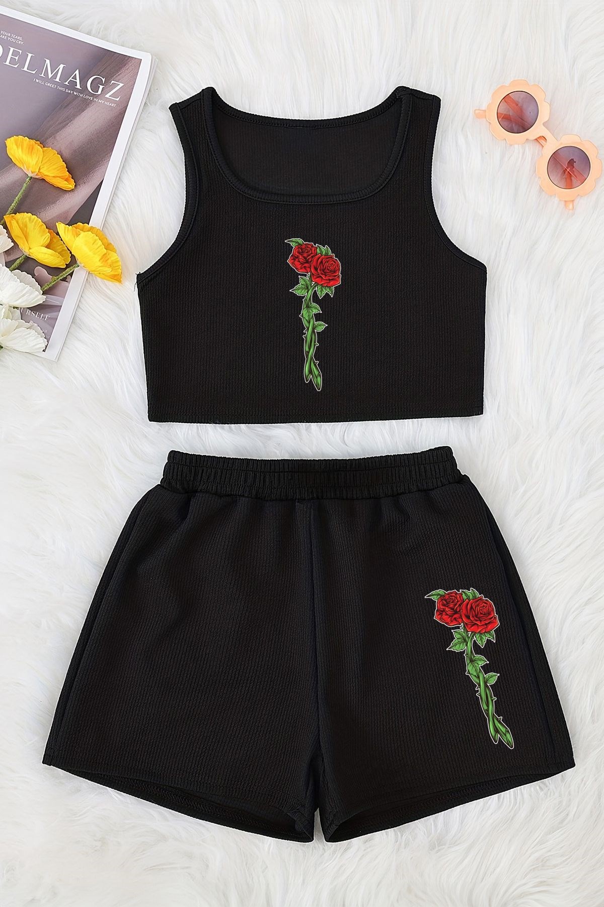 Tarz Baskılı Şort Crop Alt Üst Takım