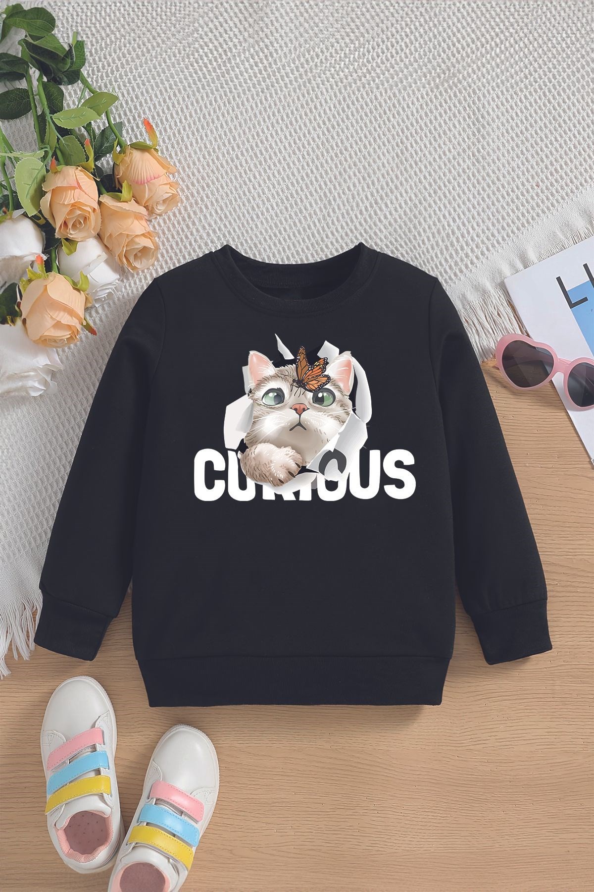 Yeni Sezon Curious Yazılı Kedicik Baskılı Oversize Kapüşonlu Çocuk Sweatshirt 14609