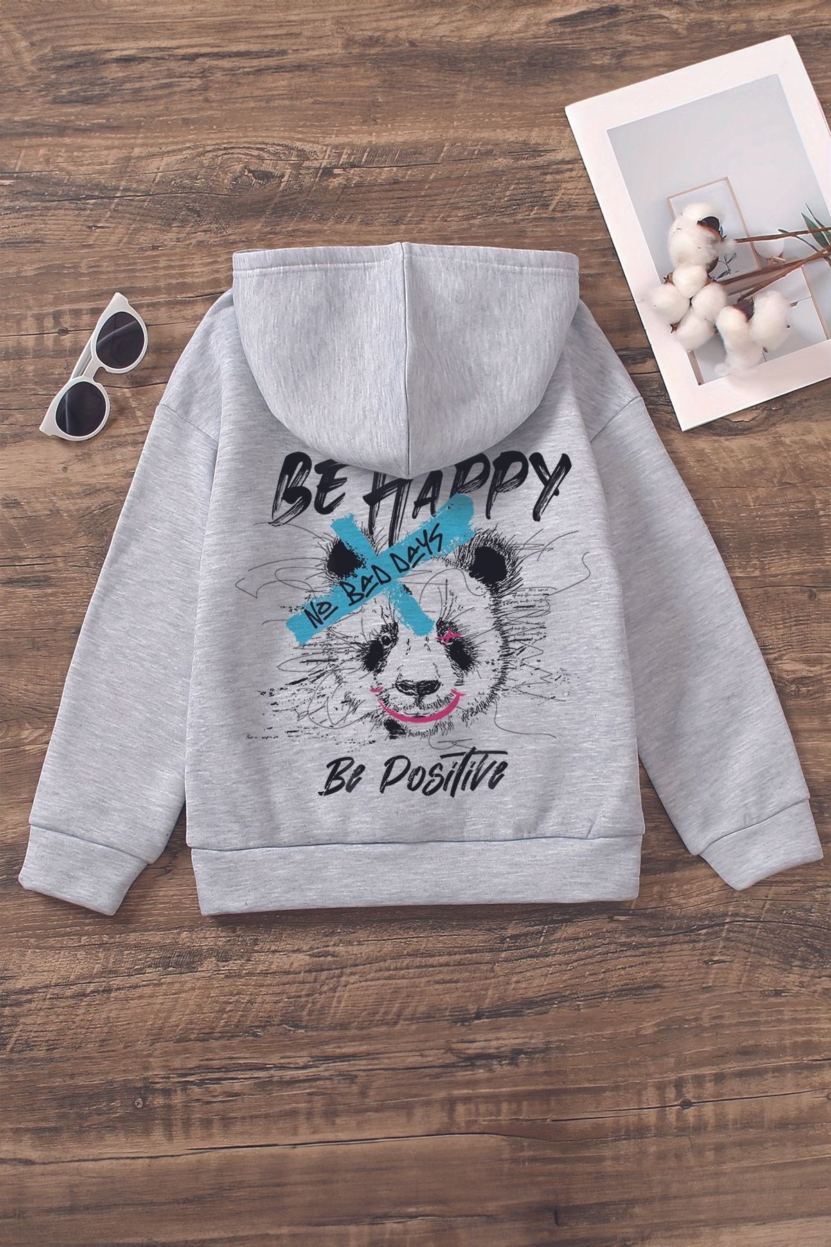 Trend Premium Be Happy Yazılı Panda Sırt Baskılı Oversize Kapşonlu Çocuk  Sweatshirt 22524