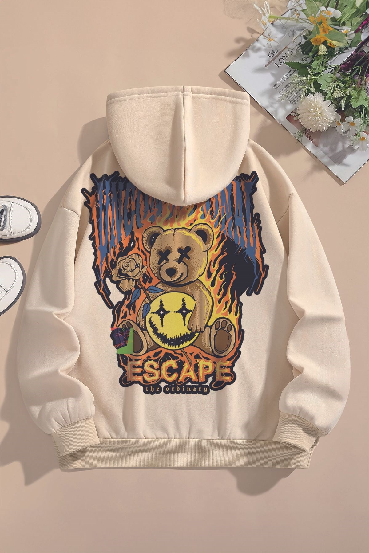 Trend Premium Kaçış Yazılı Teddy Bear Gül Sırt Baskılı Oversize Kapşonlu Çocuk  Sweatshirt 22519