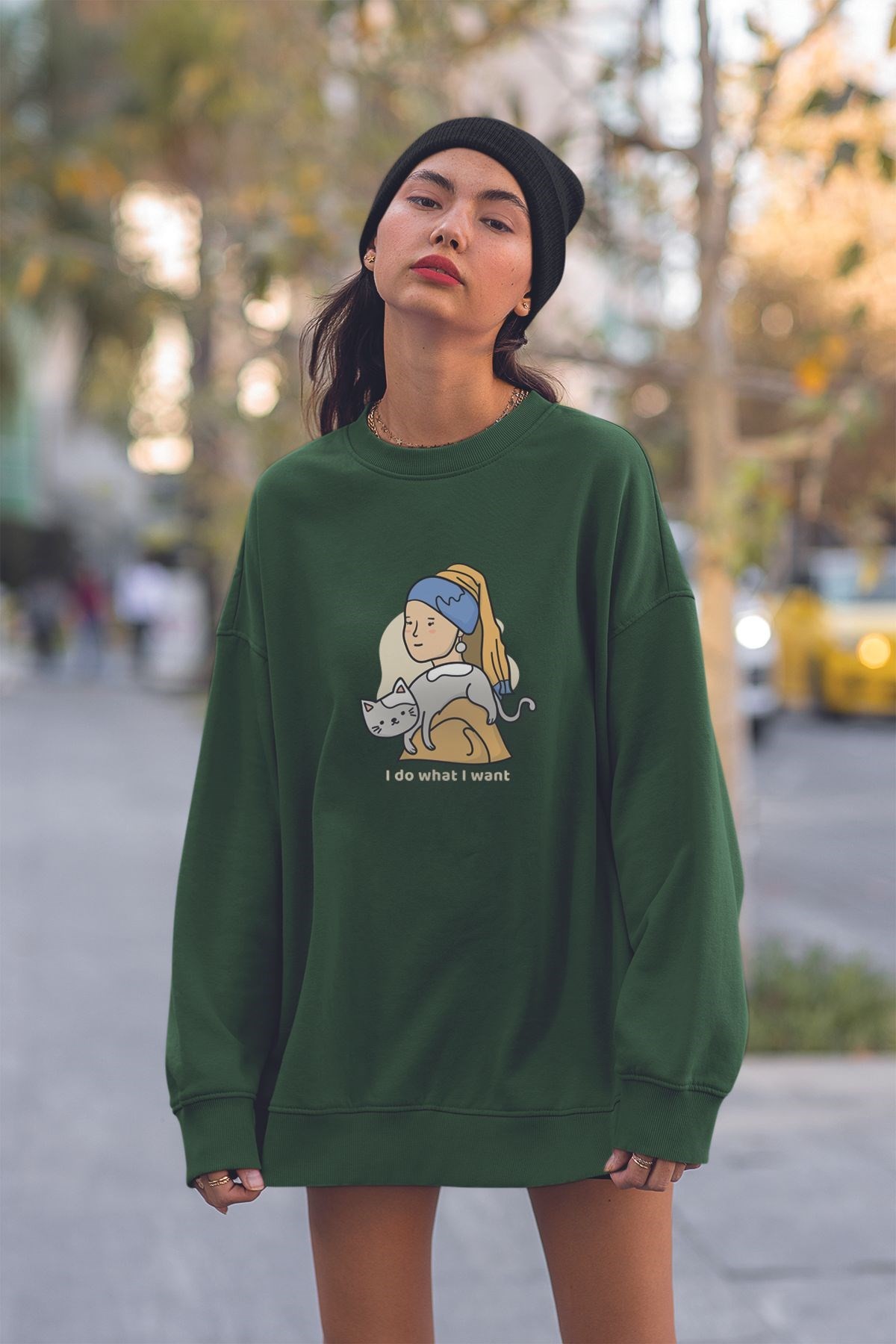 İnci Küpeli Genç Kadın Tarz Baskılı Oversize Sweatshirt 22754