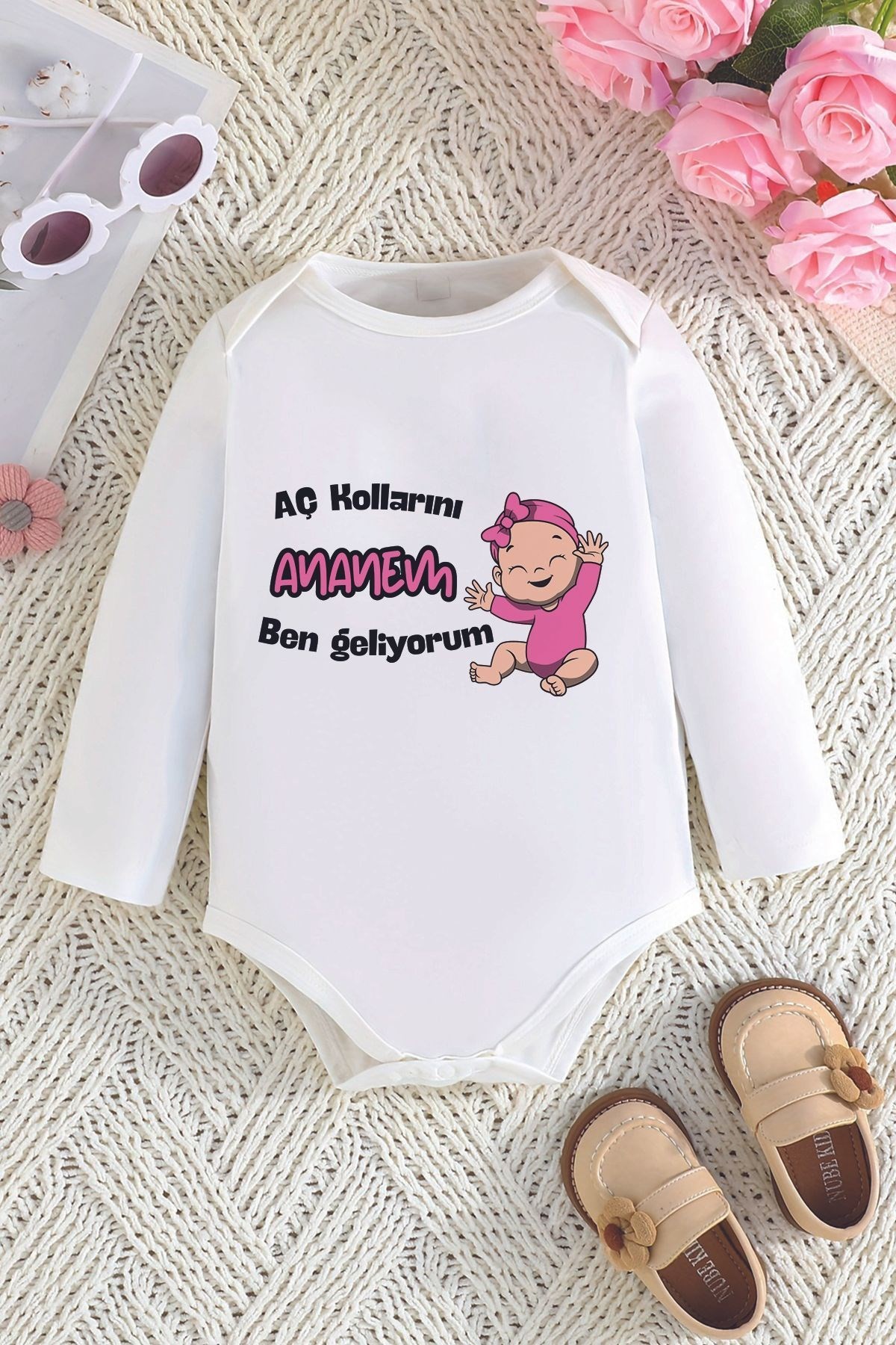 %100 Pamuklu Kız Bebek  Aç Kollarını Ananem Baskılı Çıtçıtlı Body 22610