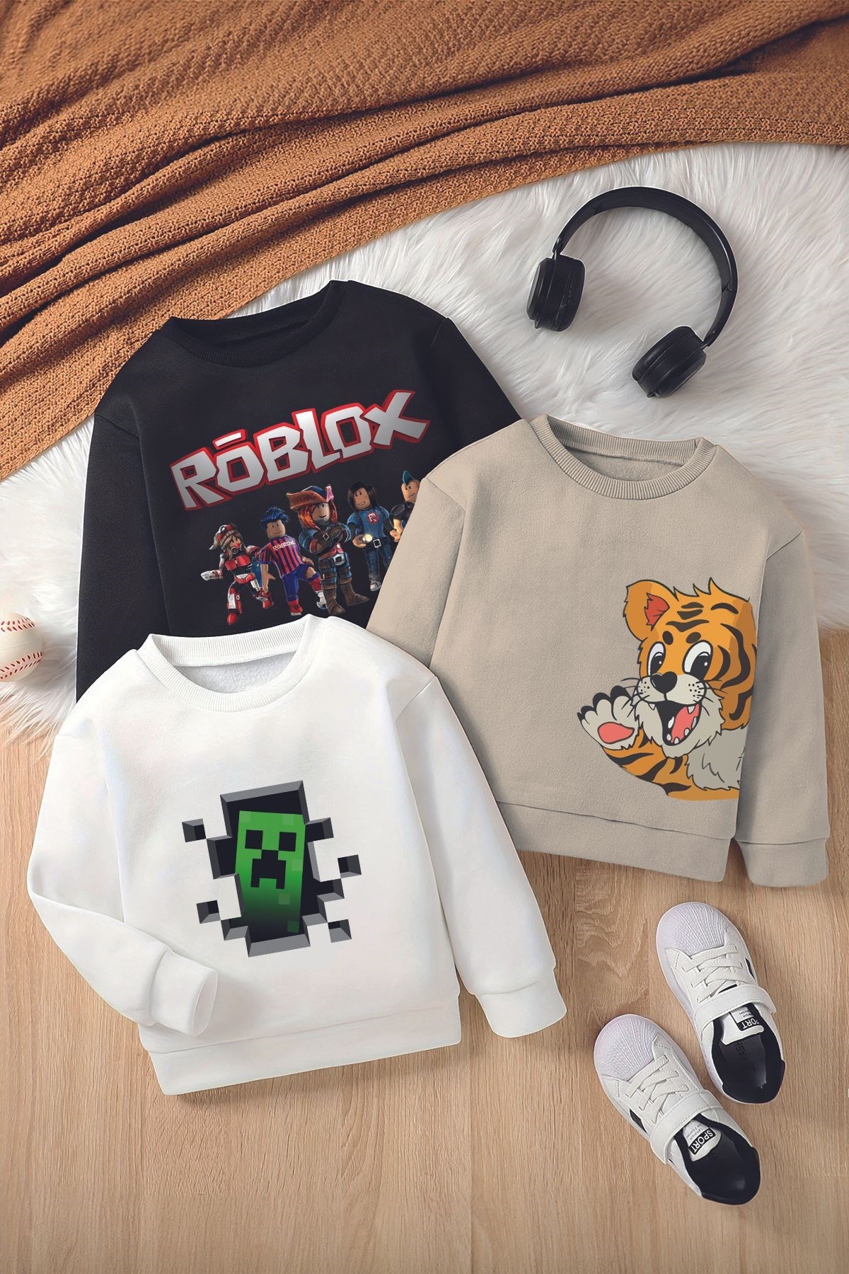 Roblox, Maincraft, Kaplan Baskılı Premium 3'lü Bisiklet Yaka Çocuk Sweatshirt Code12362-20500