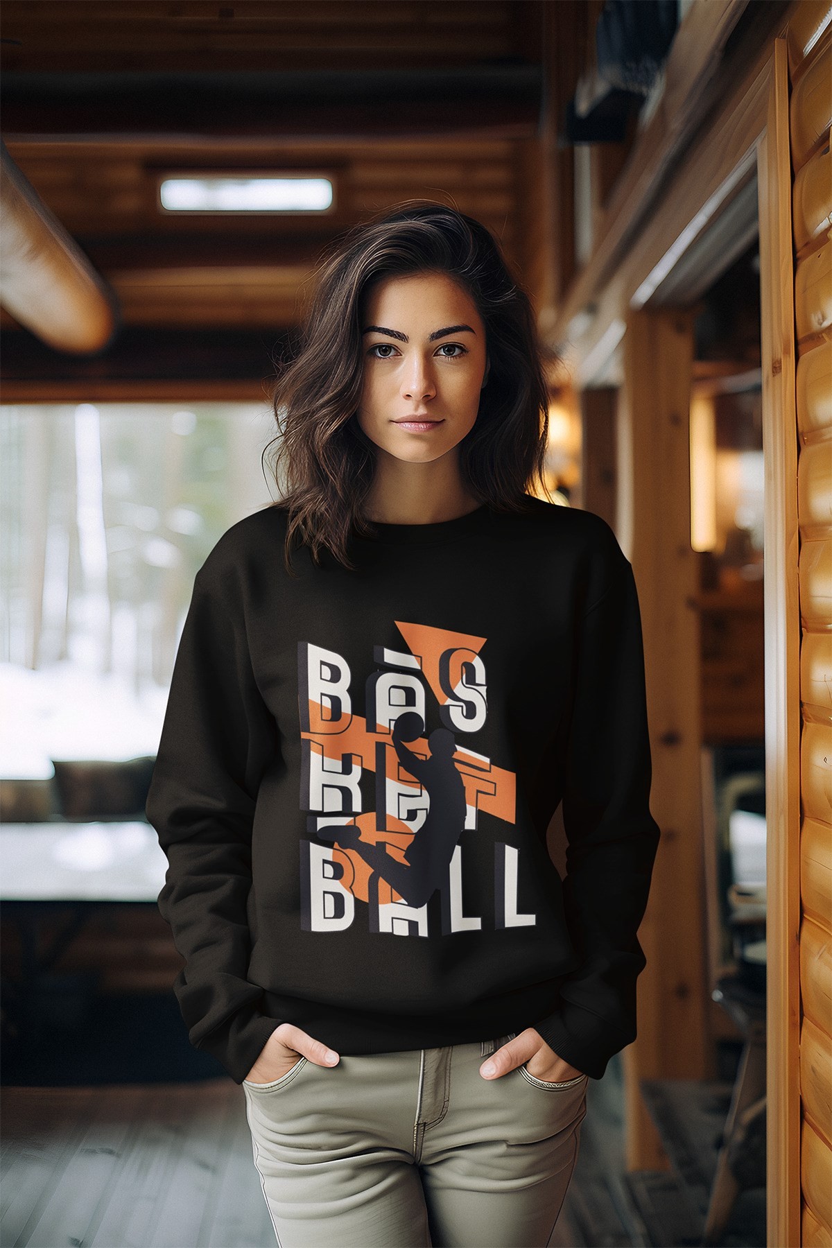 Basketball Baskılı Tarz Kadın Bisiklet Yaka Sweatshirt