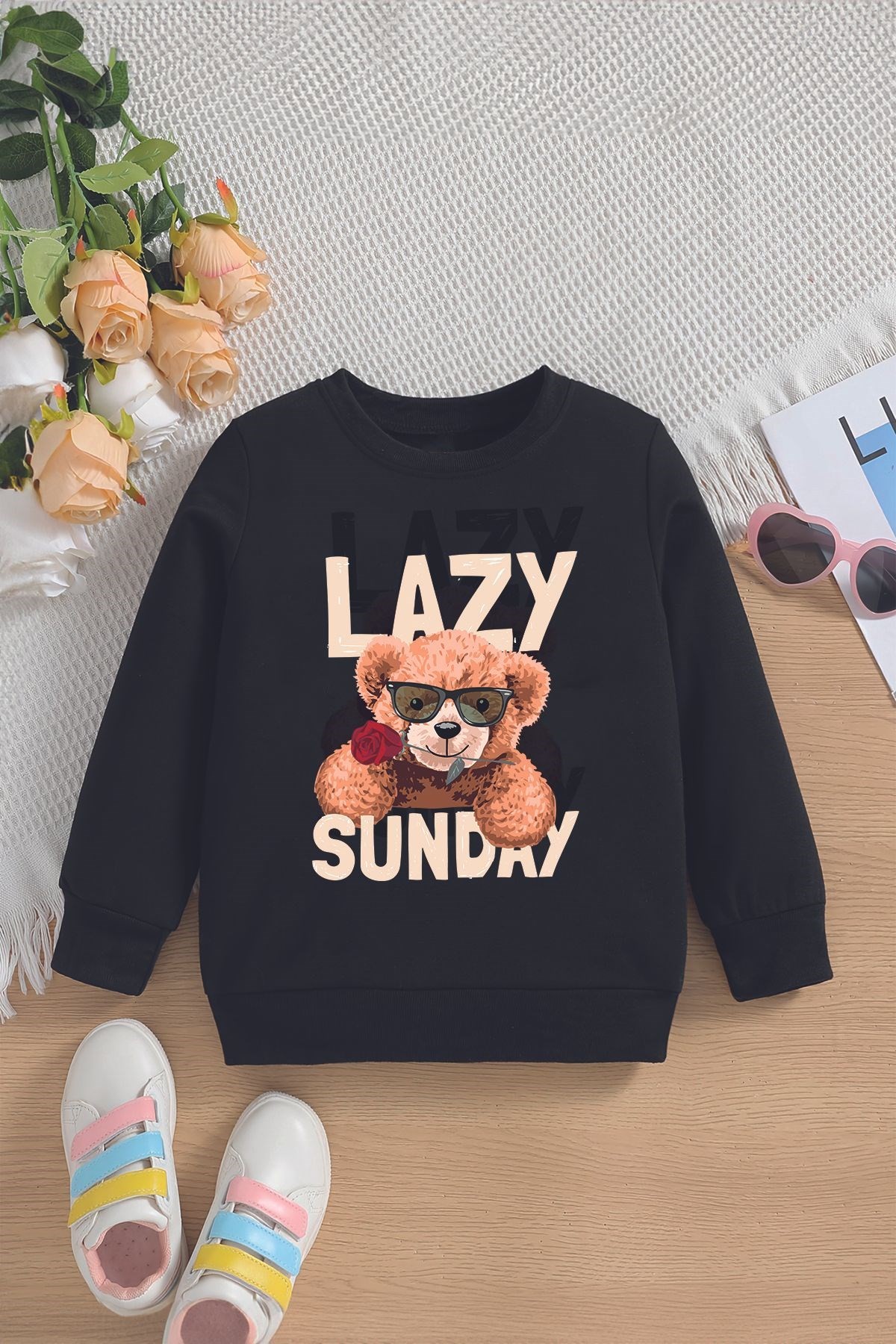 Premium Lazy Sunday Bear Baskılı Oversize Çocuk Sweatshirt 12659