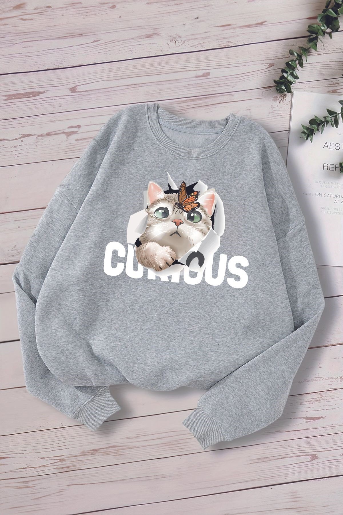 Yeni Sezon Curious Yazılı Kedicik Baskılı Oversize Kapüşonlu Çocuk Sweatshirt 14609