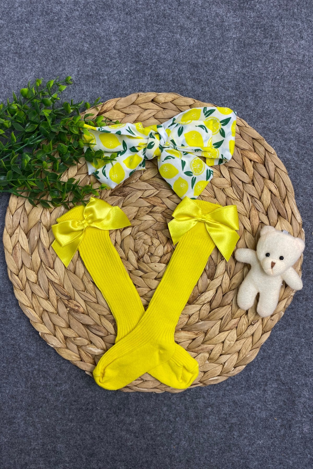 Limon Desen Bandanalı Fiyonk Dizaltı Bandana Çorap Set