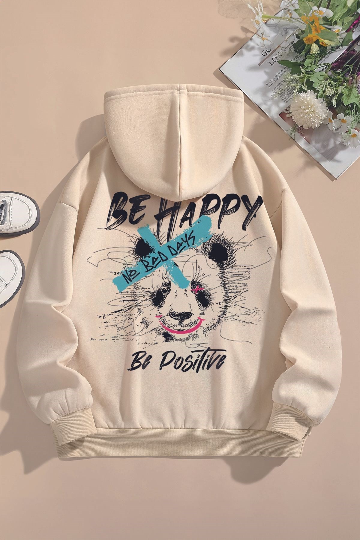 Trend Premium Be Happy Yazılı Panda Sırt Baskılı Oversize Kapşonlu Çocuk  Sweatshirt 22524