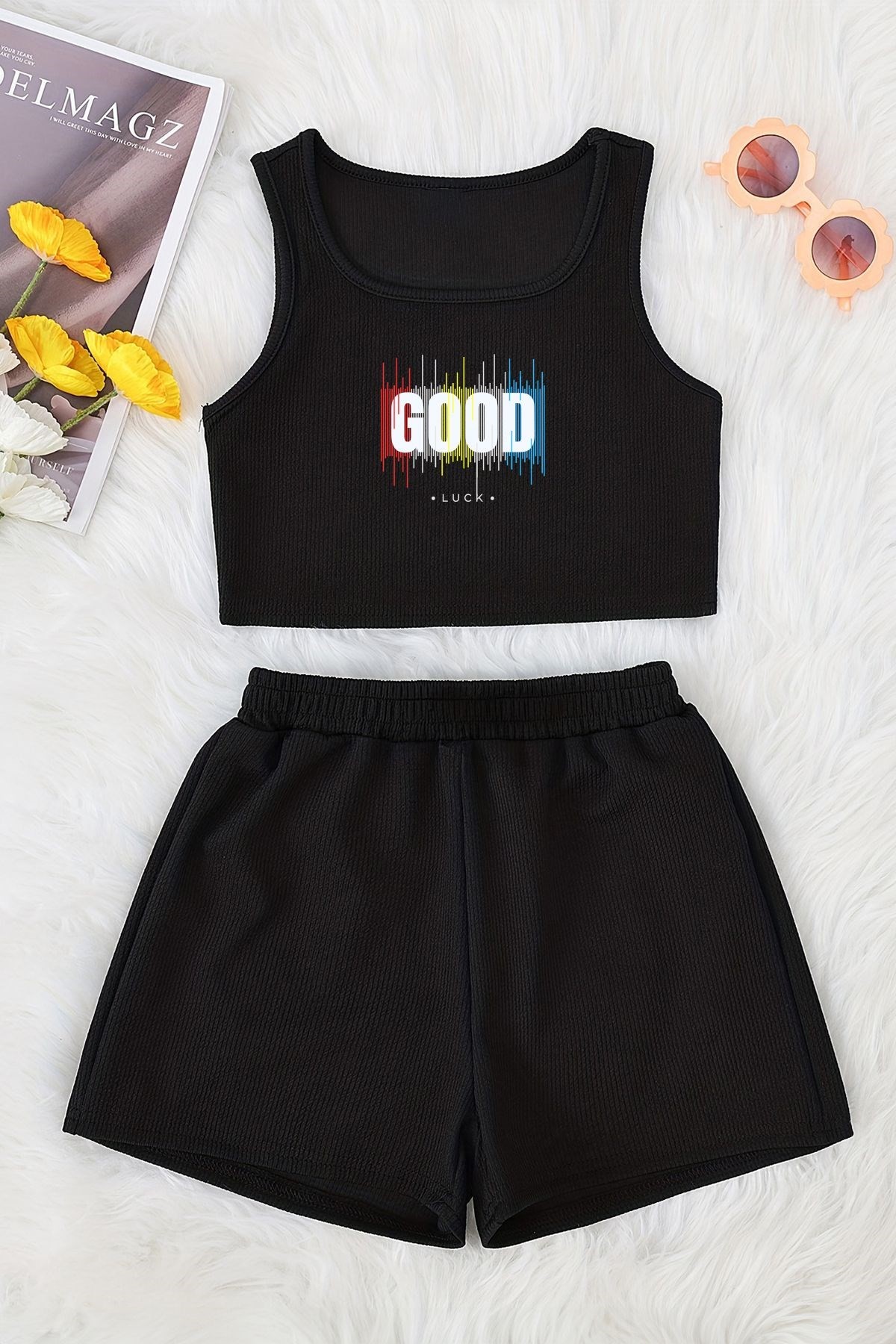 Good Luck Baskılı Tarz Crop Şort Çocuk Takım