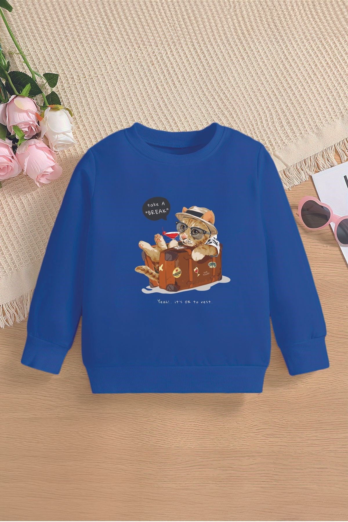 Yeni Sezon Tatilci Kedicik Baskılı Oversize Kapüşonlu Çocuk Sweatshirt 14645