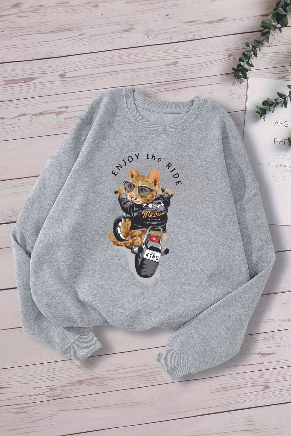 Premium Enjoy The Ride Cat Baskılı Oversize Çocuk Sweatshirt 12699