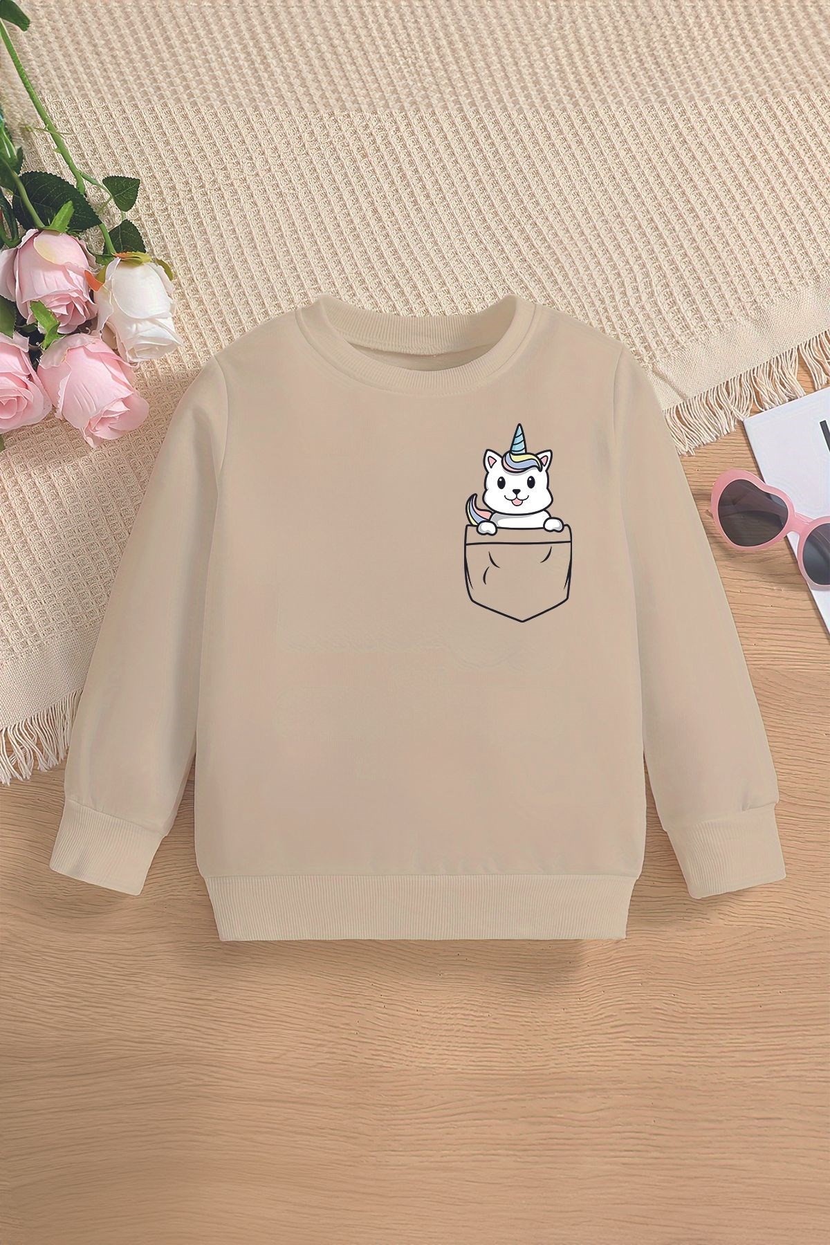 Premium Cep Unicorn Baskılı Oversize Çocuk Sweatshirt 12680