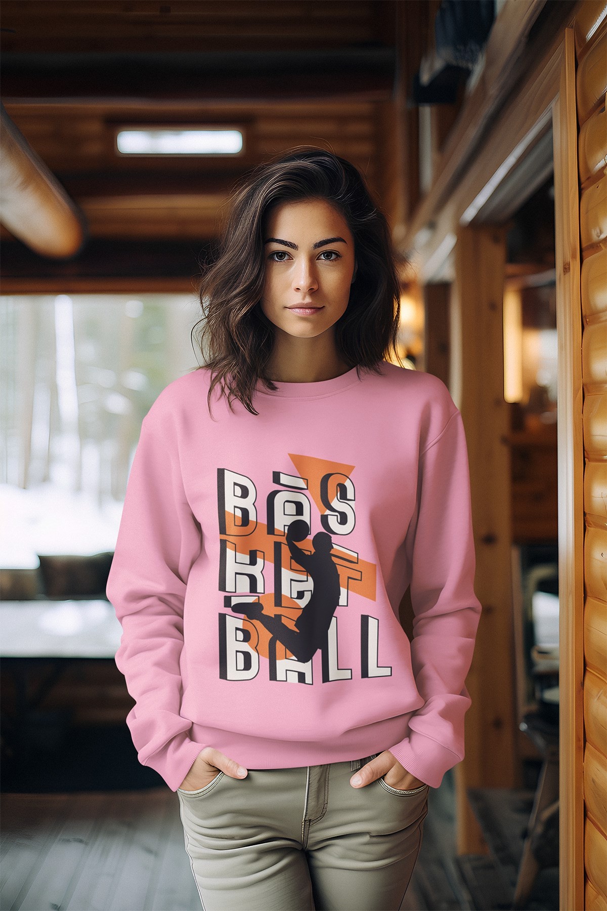 Basketball Baskılı Tarz Kadın Bisiklet Yaka Sweatshirt