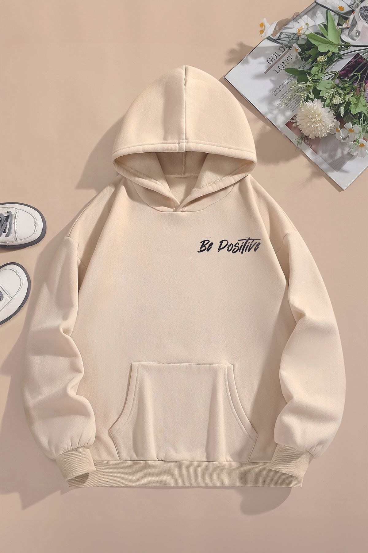 Trend Premium Be Happy Yazılı Panda Sırt Baskılı Oversize Kapşonlu Çocuk  Sweatshirt 22524