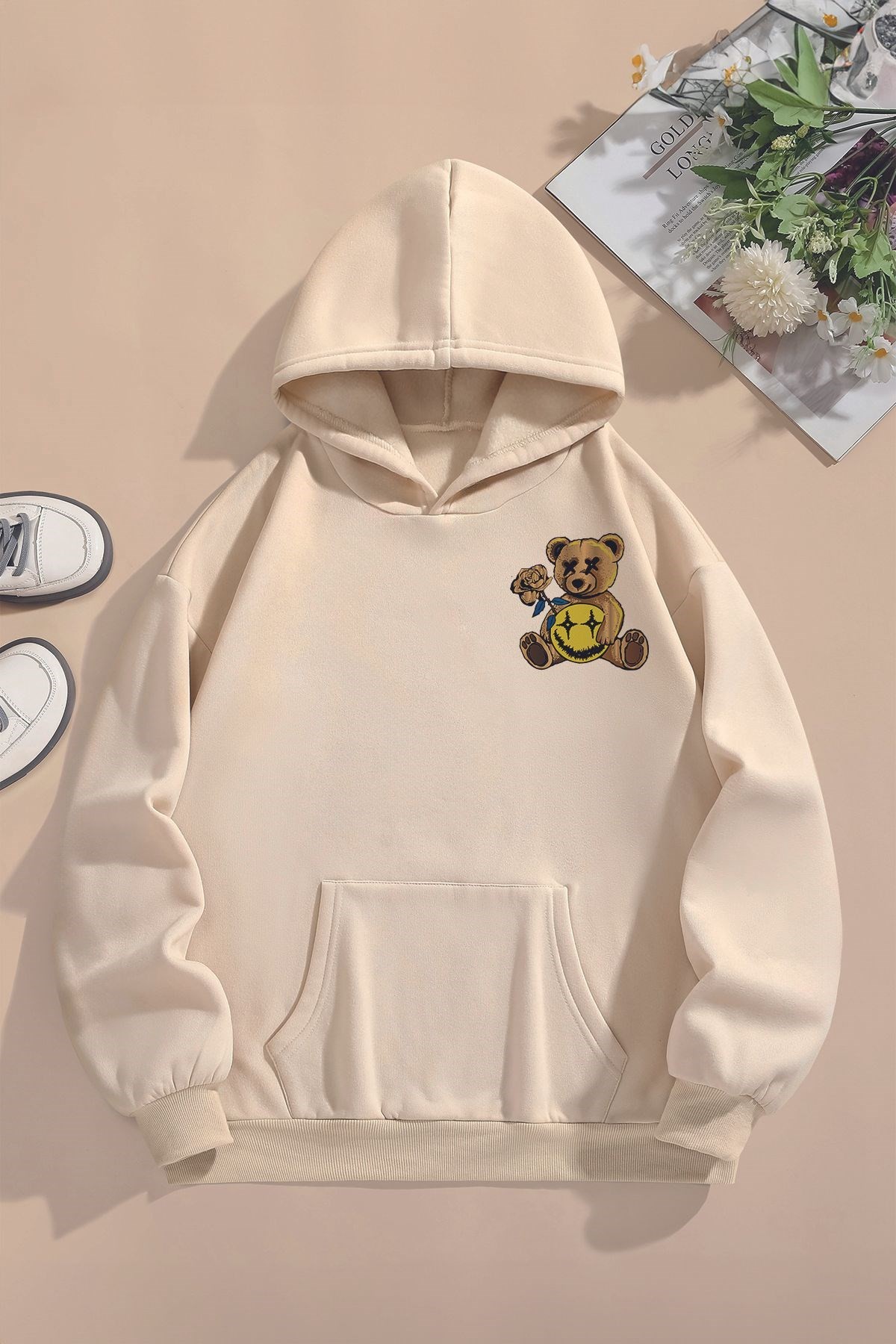 Trend Premium Kaçış Yazılı Teddy Bear Gül Sırt Baskılı Oversize Kapşonlu Çocuk  Sweatshirt 22519