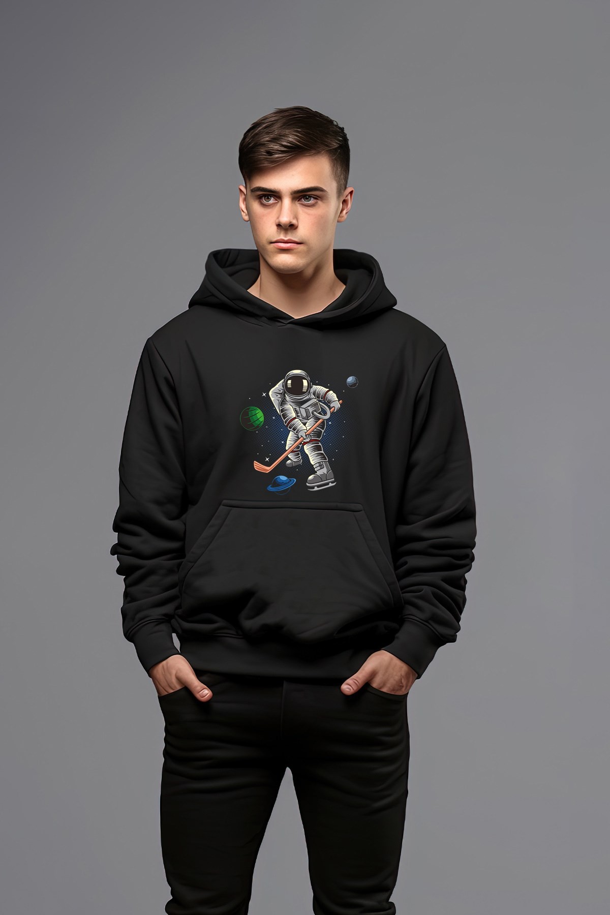 Pamuklu Buz Hokeycisi Astronot Kapşonlu Erkek Sweatshirt