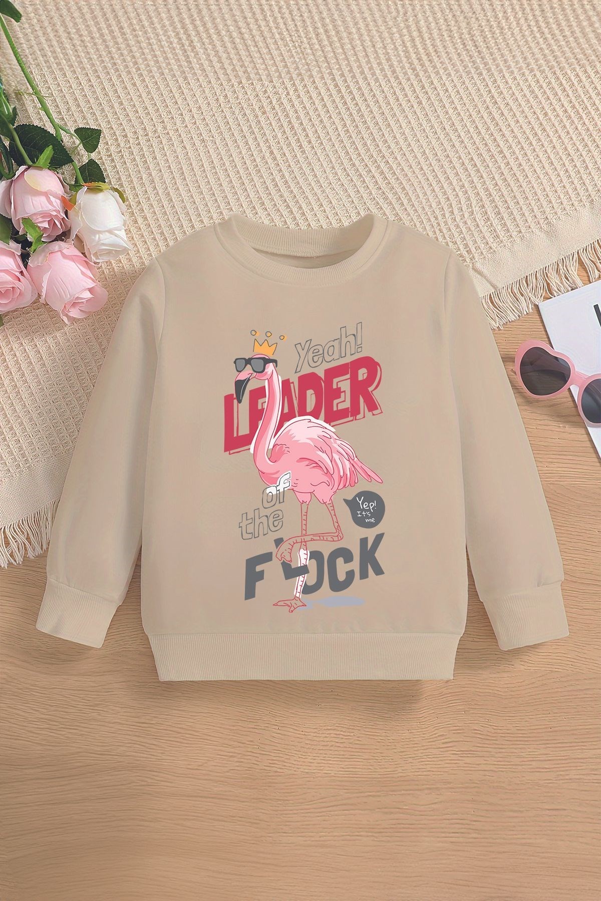 Yeni Sezon Leader Yazılı Taç Filamingo Baskılı Oversize Kapüşonlu Çocuk Sweatshirt 13599