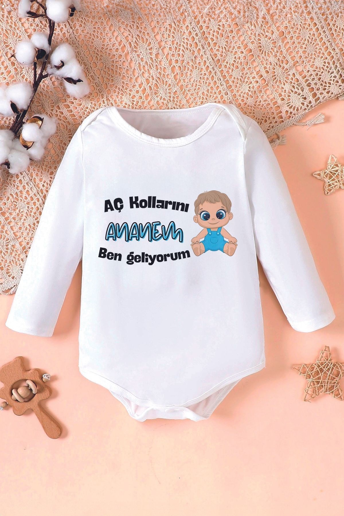 Erkek Bebek Ben Geliyorum Ananem Baskılı Pamuklu Çıtçıtlı Body 22620