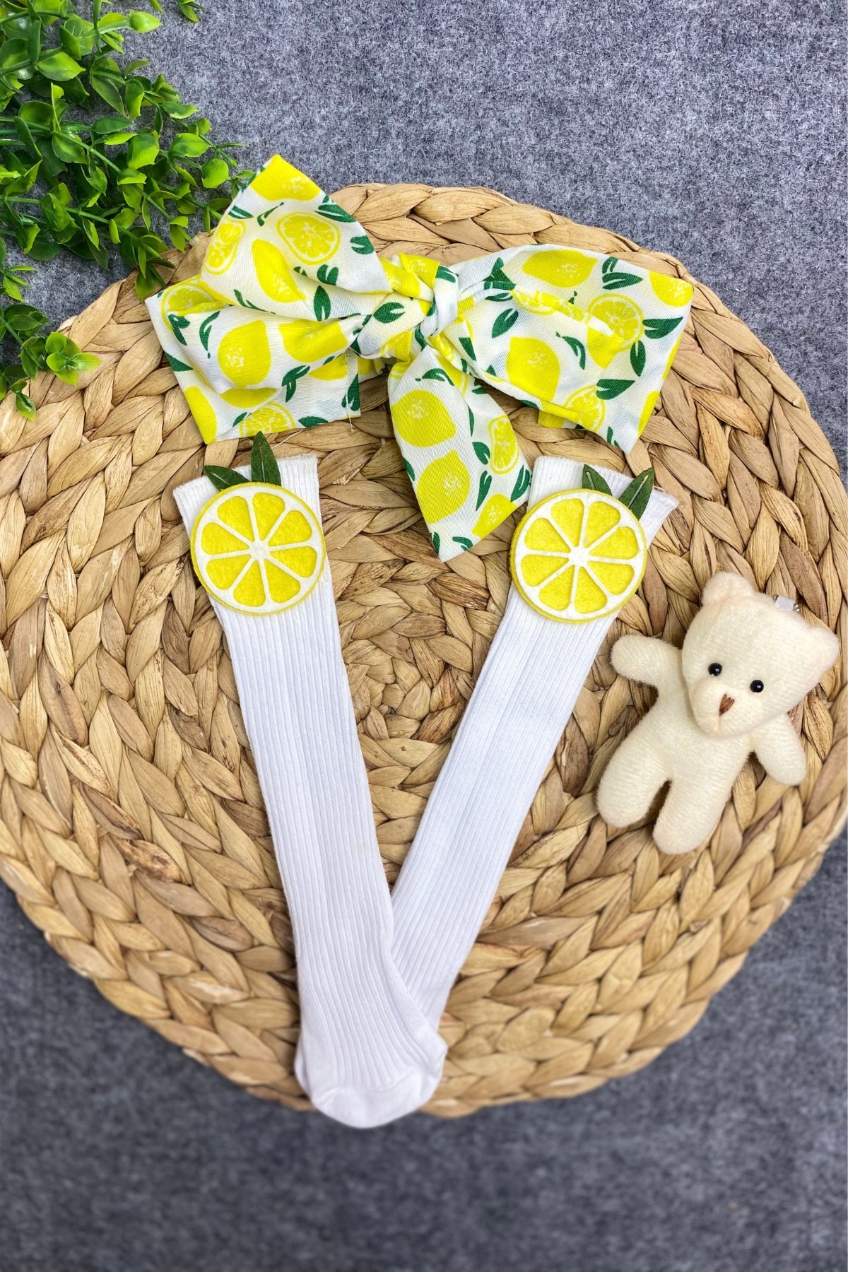 Limon Bandanalı Aksesuarlı Dizaltı Çorap Bandana Set