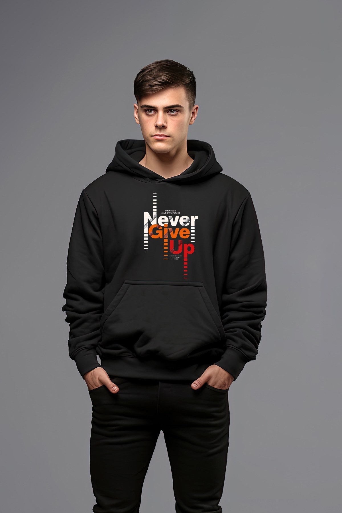 Pamuklu Never Gıve Up Kapşonlu Erkek Sweatshirt